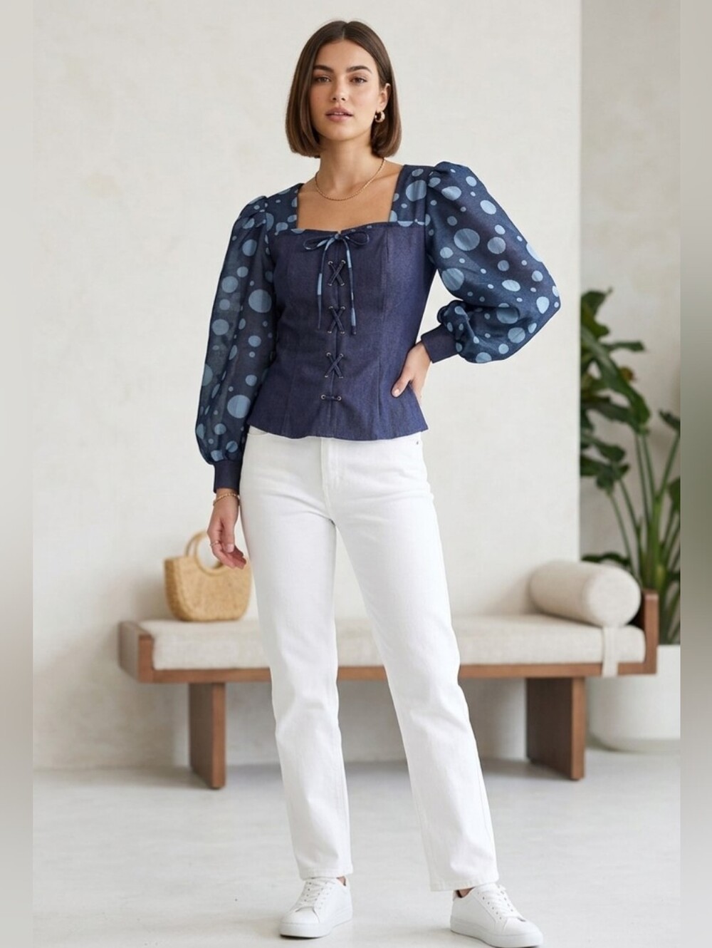 NWT Midnight Velvet Denim Corset Lace Up Top Polka Dot Puff Sleeve Blouse 16